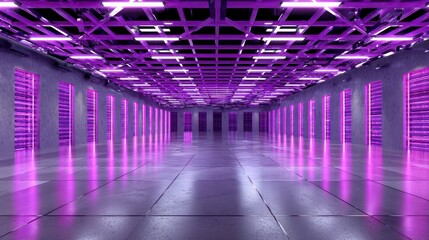 Fototapeta premium Futuristic Data Center Hallway with Neon Lighting, Technology Infrastructure, Digital Age