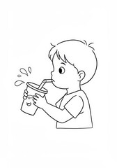 Cute Boy Drinking from a Cup with a Straw: A Fun Black and White Illustration