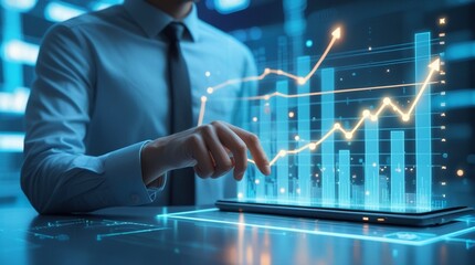 A business professional in a formal shirt is interacting with a digital financial graph interface, displaying stock market growth and financial analytics in a futuristic scene with soft digital lighti