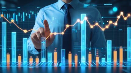 A business professional in a formal shirt is interacting with a digital financial graph interface, displaying stock market growth and financial analytics in a futuristic scene with soft digital lighti