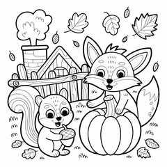  fall outline, fall coloring page, fall coloring, summer coloring, kawaii animal coloring, outline, illustration, cute coloring book cover, cover, cute kids illustration, cartoon cover, cartoon illust