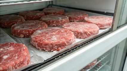 Beef patties stacked and sealed in plastic stored in freezer with icy surface