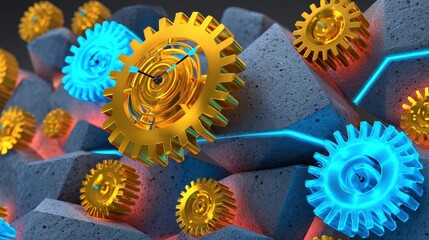 Time Management Concept: Golden Gears and Clockwork Precision. Business Efficiency.