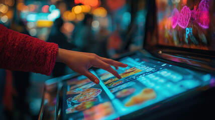 Customer interacts with touchscreen for seamless food ordering and electronic payment experience