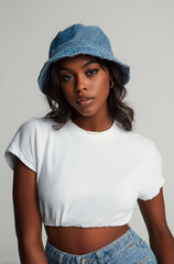 Fashionable dark skinned model posing in studio wearing a denim bucket hat and a white crop top t shirt