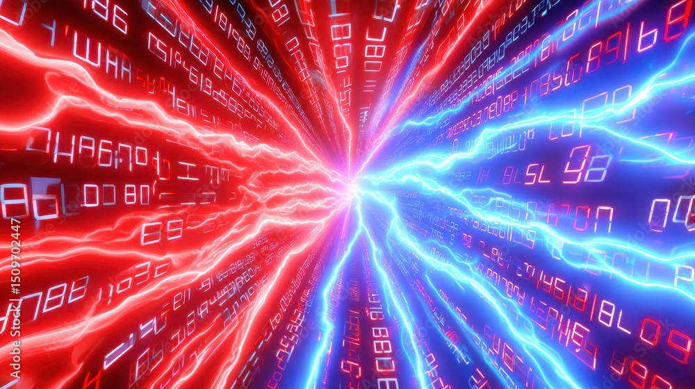 Sticker data stream, digital tunnel, binary code, red and blue glowing light abstract background.