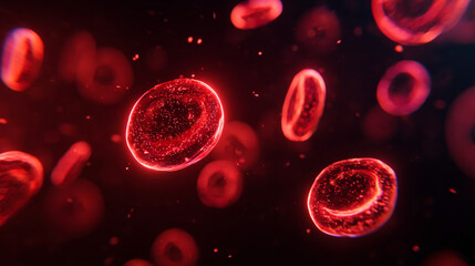 A microscopic view of red blood cells flowing in a dark environment with small particles floating around