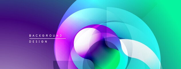 Abstract vibrant layers create flowing circular design. Gradient colors blend, forming modern visual effect. Smooth transitions, dynamic composition.