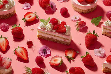 Fototapeta premium A flat lay of cakes, strawberries, raspberries, and flowers on a pink background creating a sweet scene