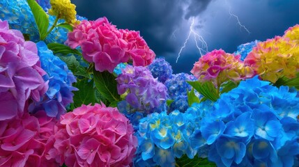 Obraz premium Hydrangea Flowers Under Stormy Sky with Lightning Bolts. Floral Nature.
