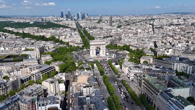 Triumphal Arch At Paris In France Island France. Highrise Buildings Scenery. Downtown City. Triumphal Arch At Paris In France Island France. Champs Elysees Skyline. Beautiful Monument.