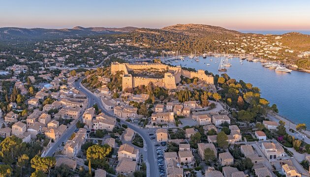 Panoramic aerial view of a coastal town with a fortress