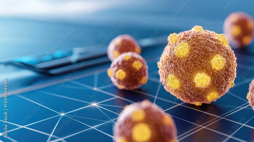 Poster digital visualization of virus particles on a touchscreen device, highlighting concepts of technolog
