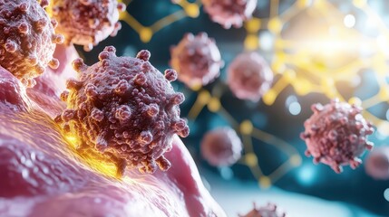 3D illustration of virus particles interacting with a cell surface, representing infection and viral transmission.