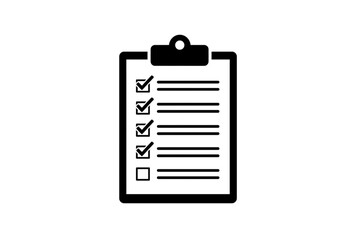 Detailed clipboard checklist icon vector with multiple checked boxes, task planner and reminder pad, office organization and workflow icon, black flat design on clean white background, management tool