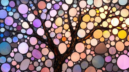 Abstract Tree Artwork with Colorful Circles and Warm Sunset Hues