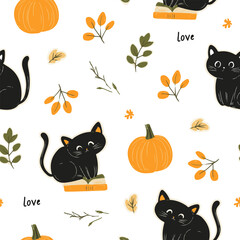 Halloween, seamless pattern with cats and pumpkins. Endless background, decor elements, color fabric, textile, wallpaper.
