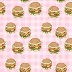 Seamless pattern with summer picnic and Burger on pastel Pink