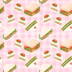 Seamless pattern with summer picnic and Sandwich on pastel Pink