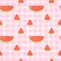 Seamless pattern with summer picnic and Watermelon on pastel Pink
