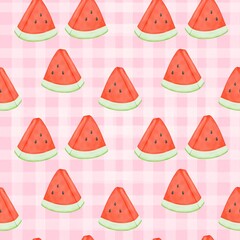 Seamless pattern with summer picnic and Watermelon on pastel Pink