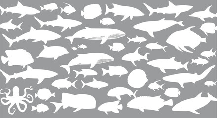 Ocean Life Silhouettes: Sharks Whales Fish and Octopus Clipart
