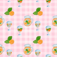 Seamless pattern with summer picnic and Orange Juice on pastel Pink