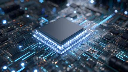 未来技術を象徴する発光するチップと回路網