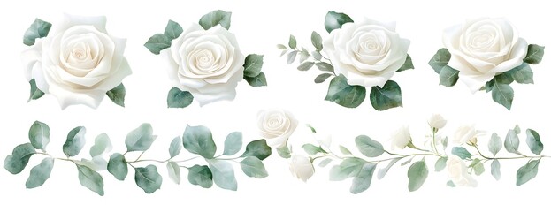 Watercolor white floral arrangements, isolated on the background, vector illustration, white roses and eucalyptus leaves in different poses, vector watercolor clipart,