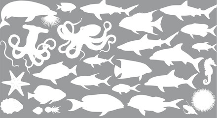 Ocean Life Silhouettes: Sharks Fish Octopus Sea Creatures Clipart