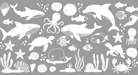 Obraz premium Cute White Ocean Animals Sea Creatures Marine Life Clipart Underwater 