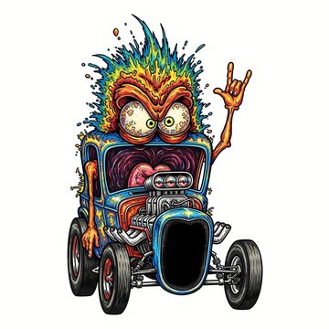 cartoon caricature illustration of a crazy funny wild monster, silly, goofy, humor, expressive, face, driving a vintage hot rod car, caricature, low brow, crazy, humor, driving, creature, exaggerated