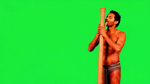 Shirtless Man Playing Didgeridoo Against Green Screen