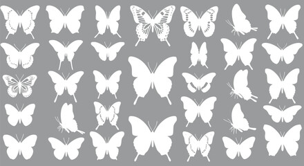 30 White Butterfly Silhouettes on Grey Background - Vector Graphics