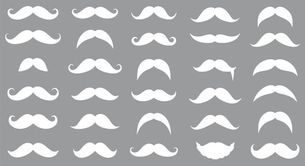 Fototapeta premium Collection of White Mustache Silhouettes Vector Clipart Mustaches Set