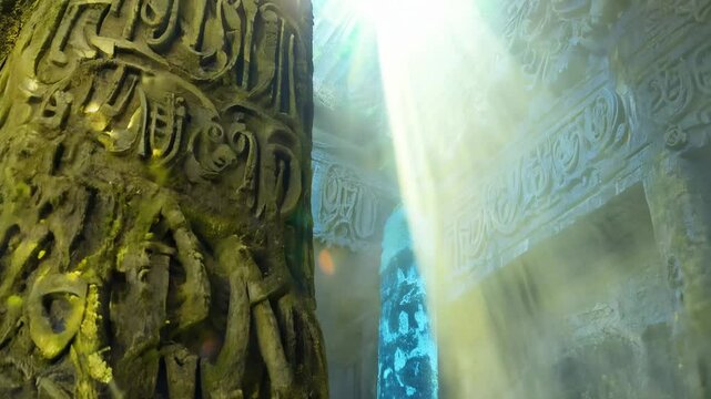 A column with strange glowing ancient writings in the middle of an abandoned temple in mossy forest. In the heart of the forest, the glowing column stands as a relic of ancient times and lore.
