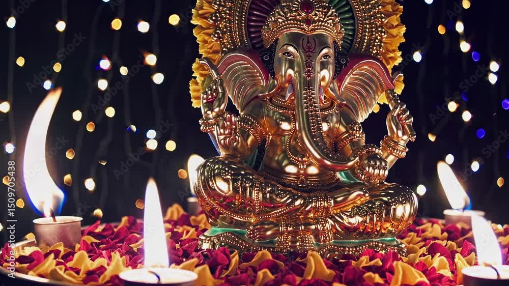Poster a low-angle video shot of a ganesha statue surrounded by candles and petals, with bokeh lights in th