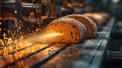 Bakery scene featuring freshly baked bread sliced by advanced machinery with sparks and warm glow