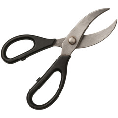 Sharp stainless steel scissors with black handles isolated transparent background
