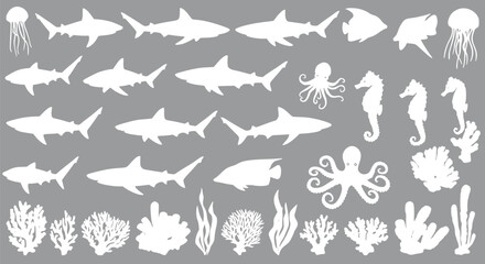 Obraz premium White Silhouettes of Ocean Animals & Coral Reefs: Sharks Jellyfish Sea