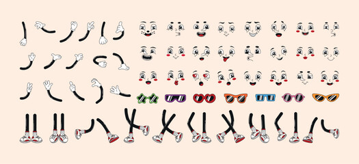 Groovy retro cartoon funky comic character elements: legs, hands, faces, sunglasses. Mascot creation, maker, parts, different poses and angles. 60s, 70s, 80s hippie vector illustration set.