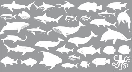 Ocean Life Silhouettes: Sharks Whales Fish Octopus & Marine Animals