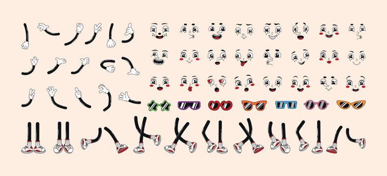 Groovy retro cartoon funky comic character elements: legs, hands, faces, sunglasses. Mascot creation, maker, parts, different poses and angles. 60s, 70s, 80s hippie vector illustration set.