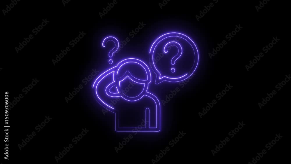 Poster person with confused expression under neon question marks glows on black background animation