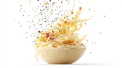 Creamy pasta dish with bacon and pepper, exploding from a bowl, against a white background