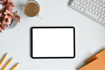 Top view home office digital tablet hero header template.