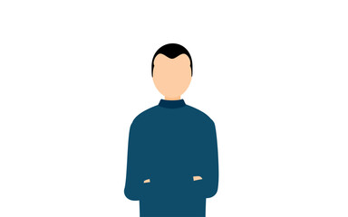 Simple illustration of a man in a blue turtleneck with his arms folded.