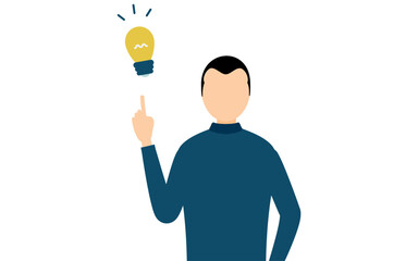 Simple illustration of a man in a blue turtleneck inspiring an idea