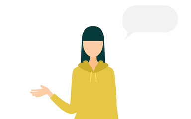 Simple illustration of a woman in a khaki-colored parka talking