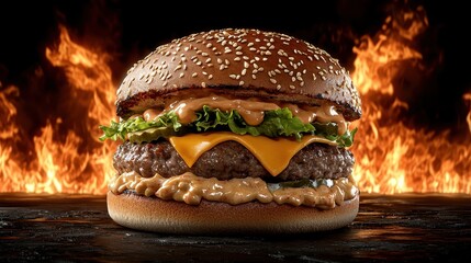 Closeup of a Juicy Flame Grilled Beef Burger with Melted Cheese and Lettuce